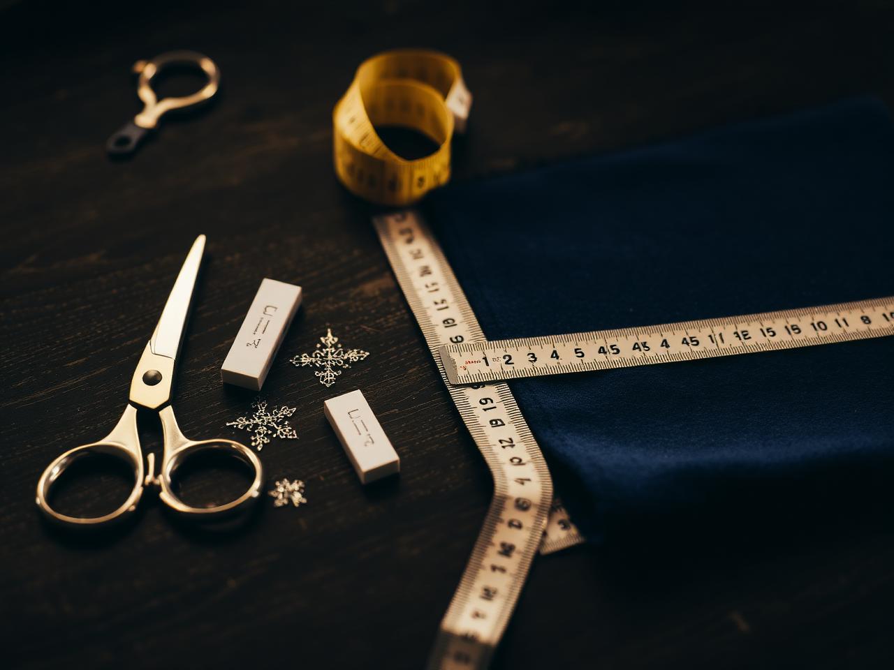 Tailoring scissors, chalk, measuring tape and navy suiting fabric