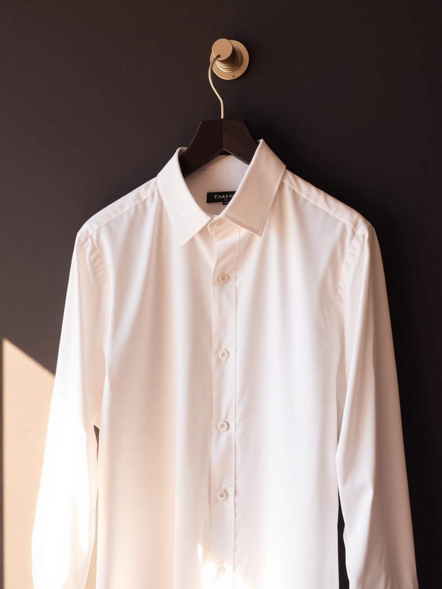Tailored white men's dress shirt on a hanger