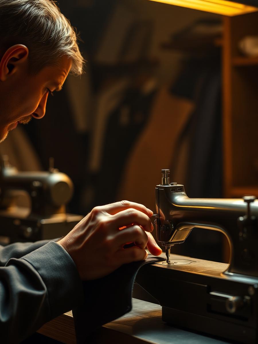 Tailor stitching a coat panel at a sewing machine