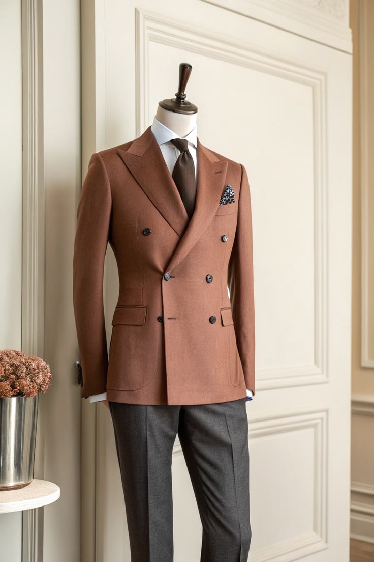 Brown double breasted press coat on mannequin