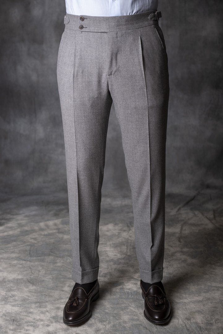Grey pleated plate pant trouser with sharp crease