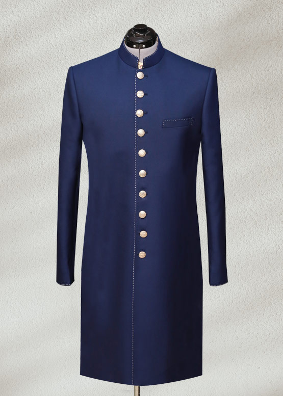 Navy men's wedding sherwani with gold buttons