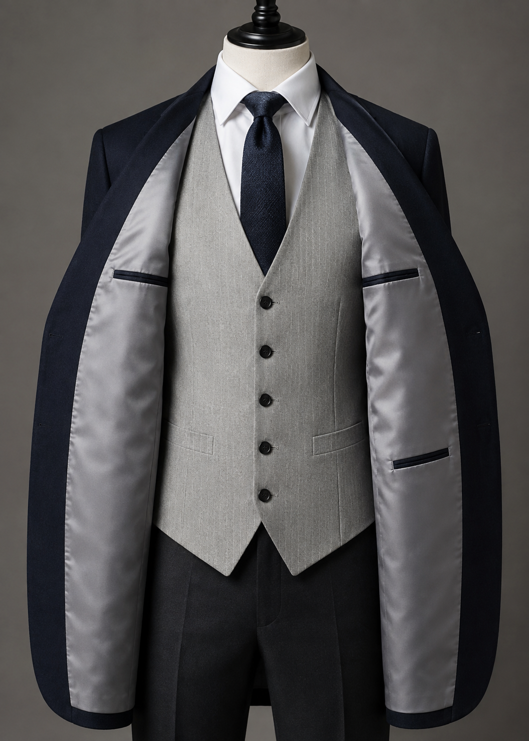 Grey three piece waist coat with five buttons, white shirt and navy tie