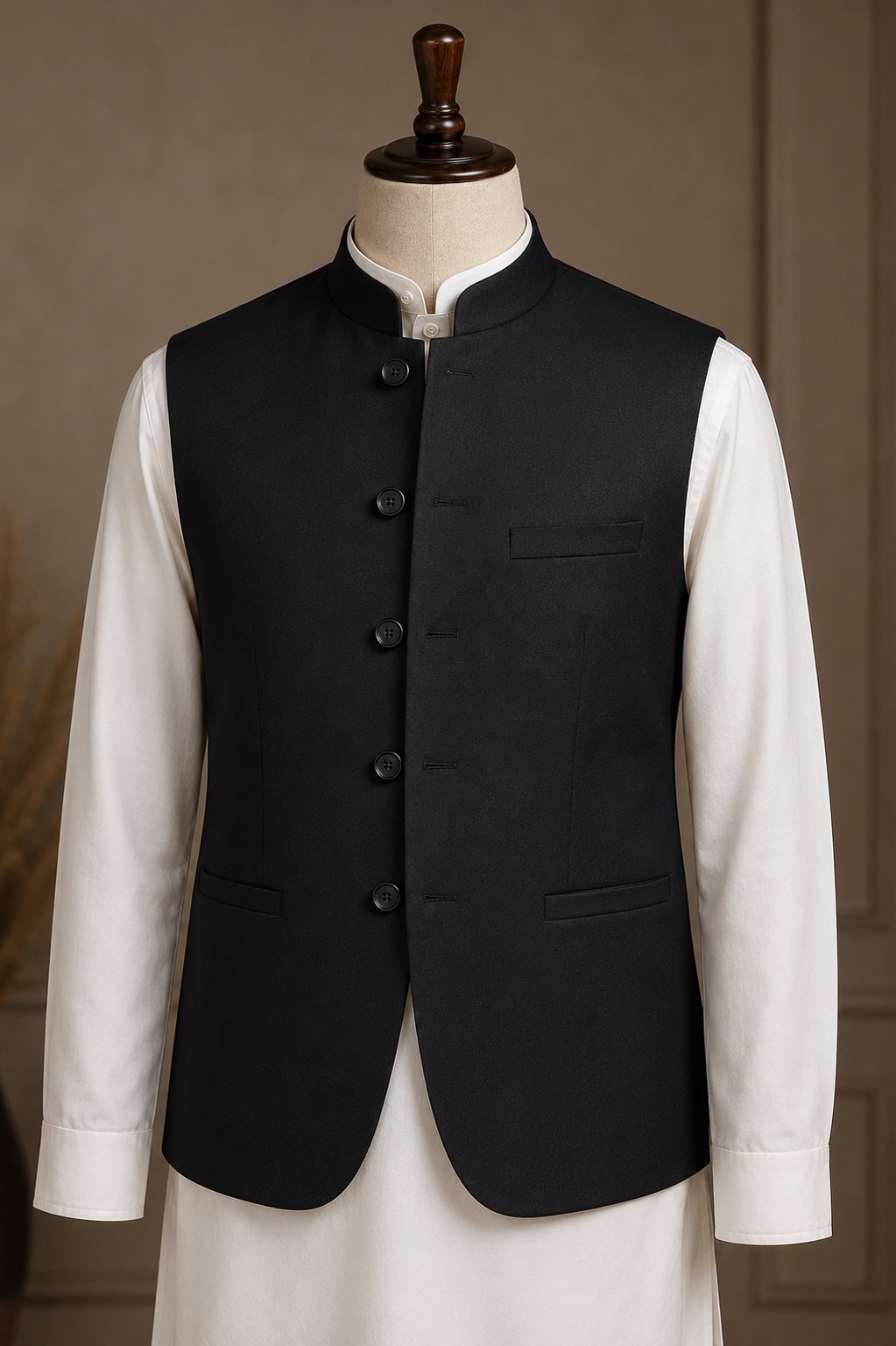 Black simple men's waist coat over white kurta